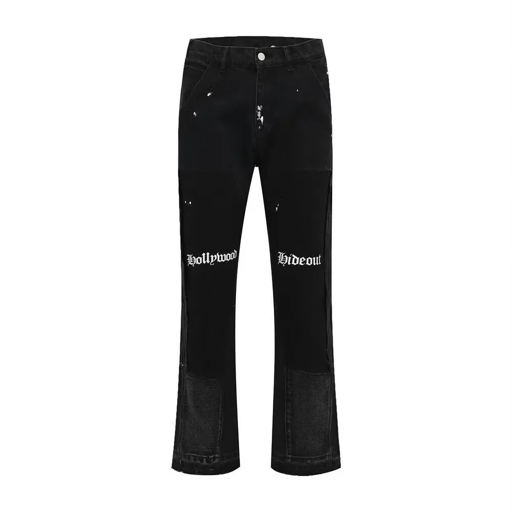 Vintage Mens Flared Leg Jeans Denim Hip Hop Splashing Ink Wide Leg Jean Pants Black Fashionable Retro Streetwear Baggy Jeans Y2k