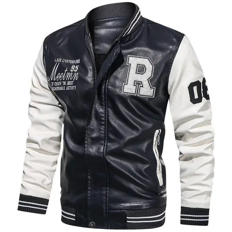 Men's American Leather Baseball Jacket Casual Color Block PU Pilot Coat Spring Autumn Leather Jacket Motorcycle Suit Jackets Men