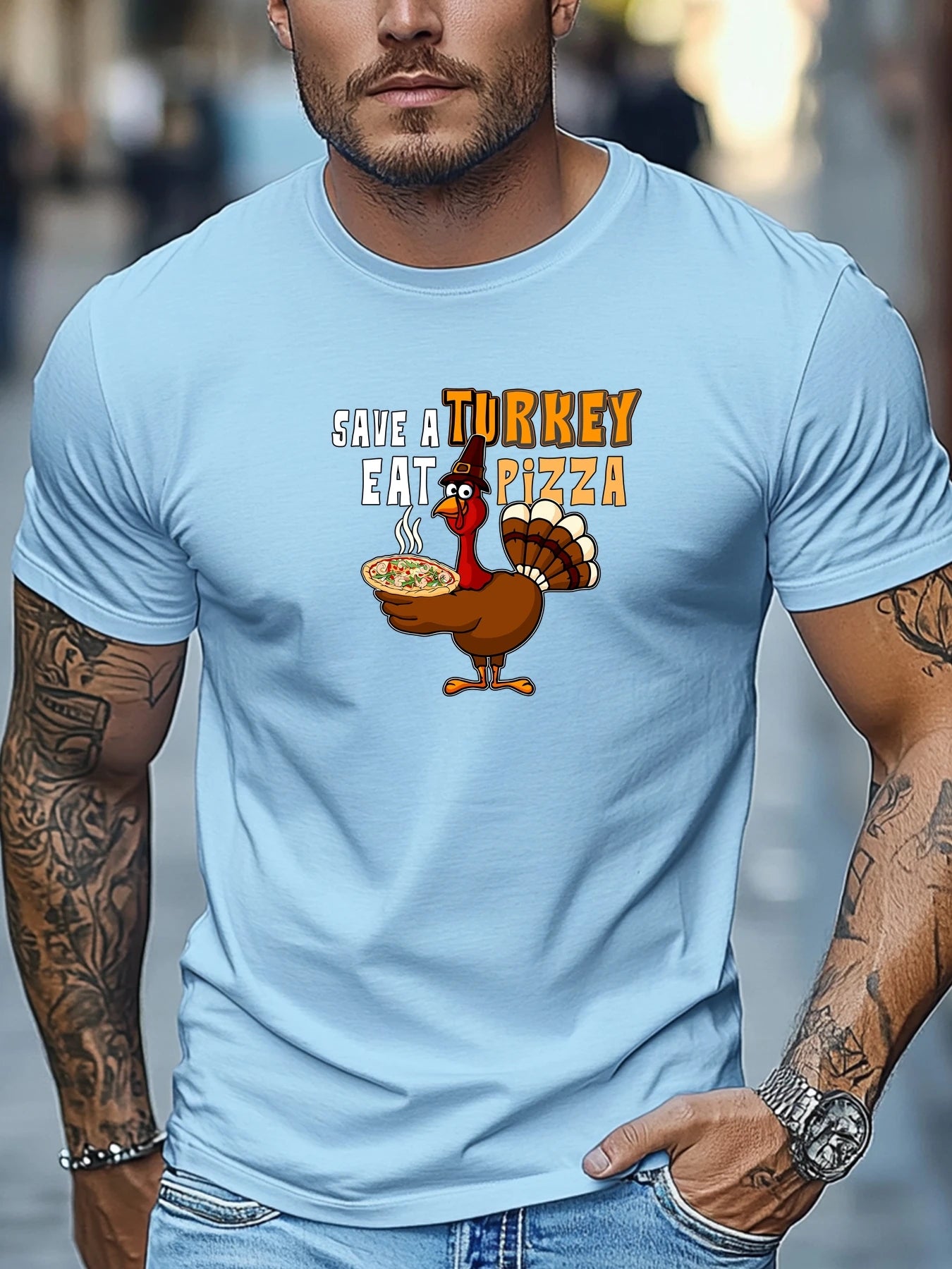 Men t-shirt SAVE A TURKEY EAT PIZZA Graphic Summer Soft Comfort Fit Tee Daily Wear Tops