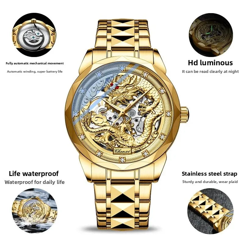 Men's Automatic Mechanical Watch Night Glow Waterproof Relief New Fashion Business Leather Steel Band Luxury Timepiece