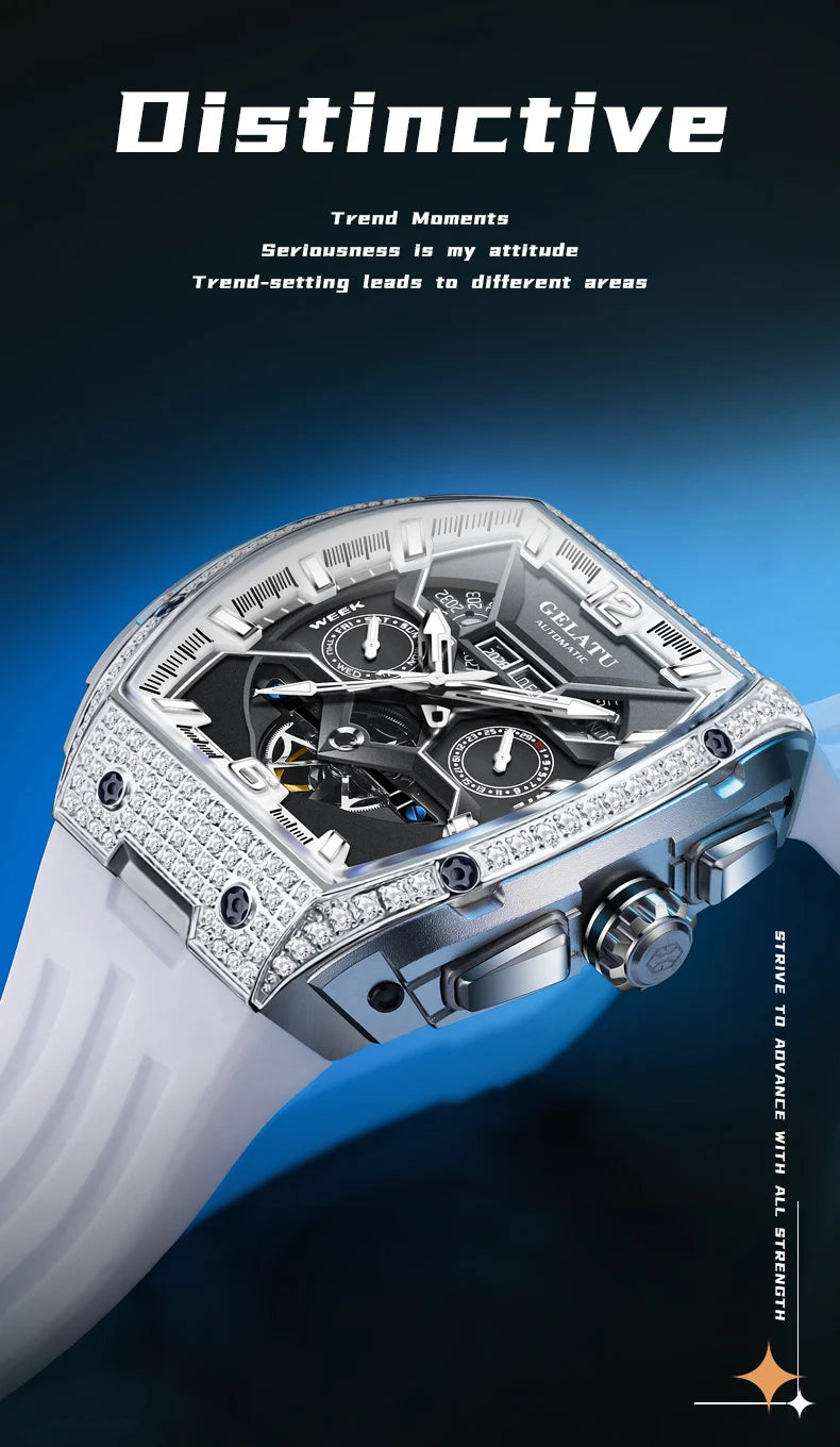 GELATU 6016 High-end Full Diamond Automatic Mechanical Watch for Men Multifunction Hollow Silicone Strap Men's Wristwatches