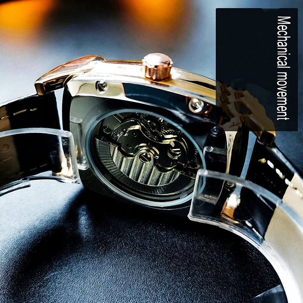 Tonneau Moon Phase Automatic Watch for Men Luxury Brand Tourbillon Skeleton Mechanical Watches Leather Belt Luminous Hands Clock