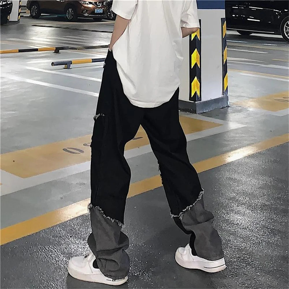 Baggy Ripped Jeans for Men Loose Denim Trousers Male Black Jeans Men Hip Hop Patchwork Jeans Korean Streetwear Spliced clothing