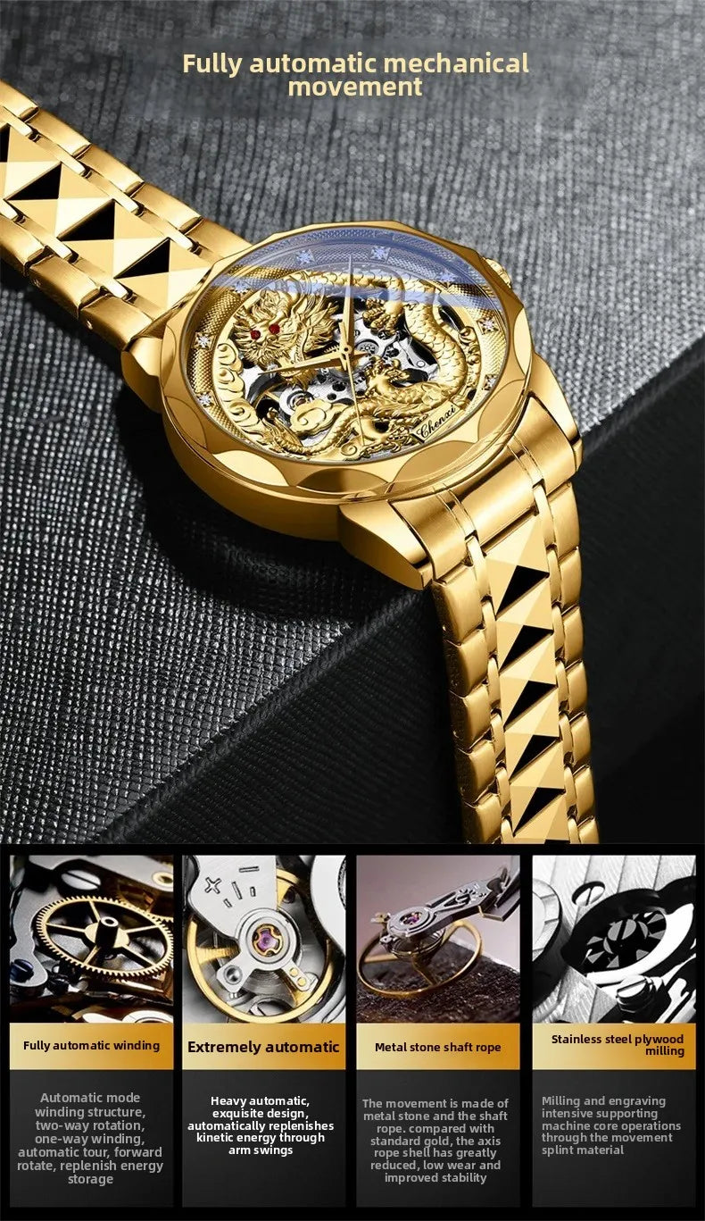 Men's Automatic Mechanical Watch Night Glow Waterproof Relief New Fashion Business Leather Steel Band Luxury Timepiece