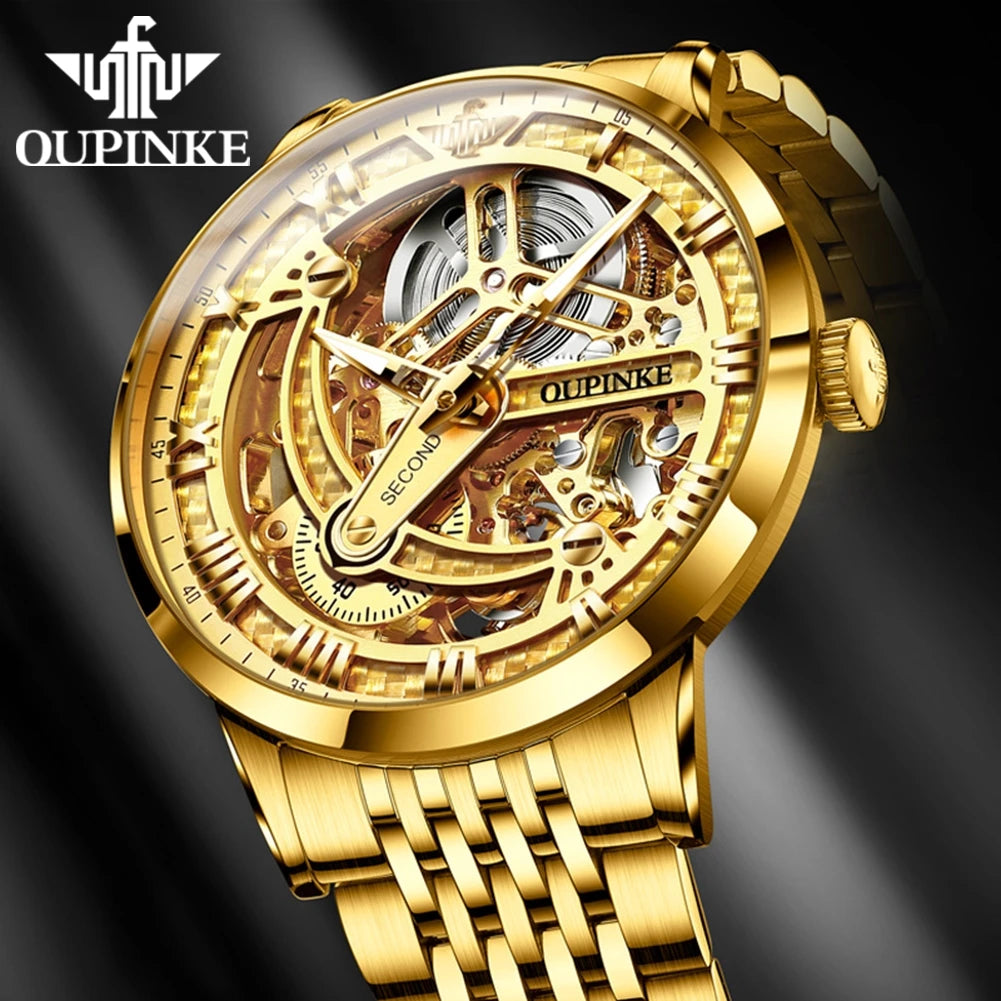 OUPINKE 3173 Men's Full Gold Watch Fully hollow out Waterproof top-level luxury automatic mechanical watch