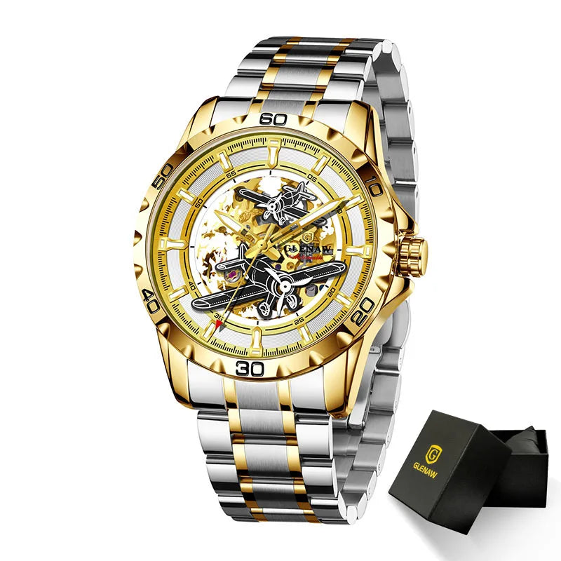 GLENAW New Pilot Series Men Watches Hollow Luxury Automatic Mechanical Watches Luminous waterproof Stainless Steel Strap Watch