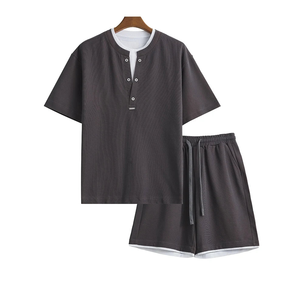 2025 New Men's Sports Suit Henry Collar Two-piece Casual Outdoor Loose Short Sleeve Shorts Fashion Korean Men's Summer Suit