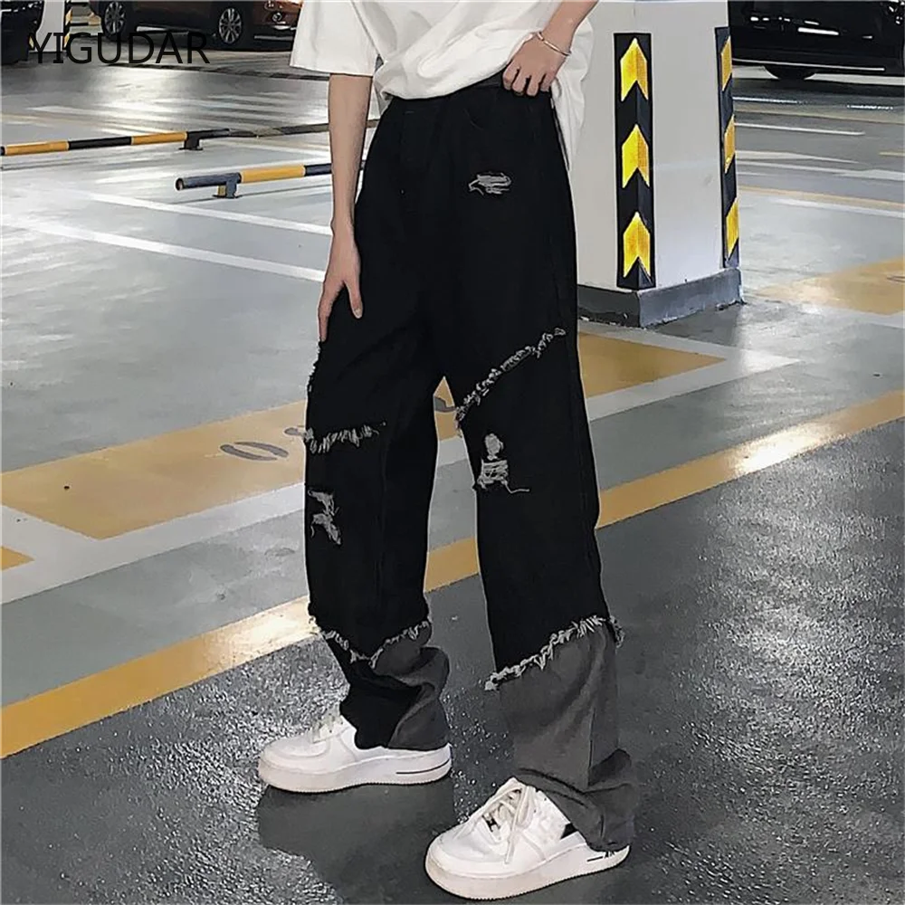 Baggy Ripped Jeans for Men Loose Denim Trousers Male Black Jeans Men Hip Hop Patchwork Jeans Korean Streetwear Spliced clothing