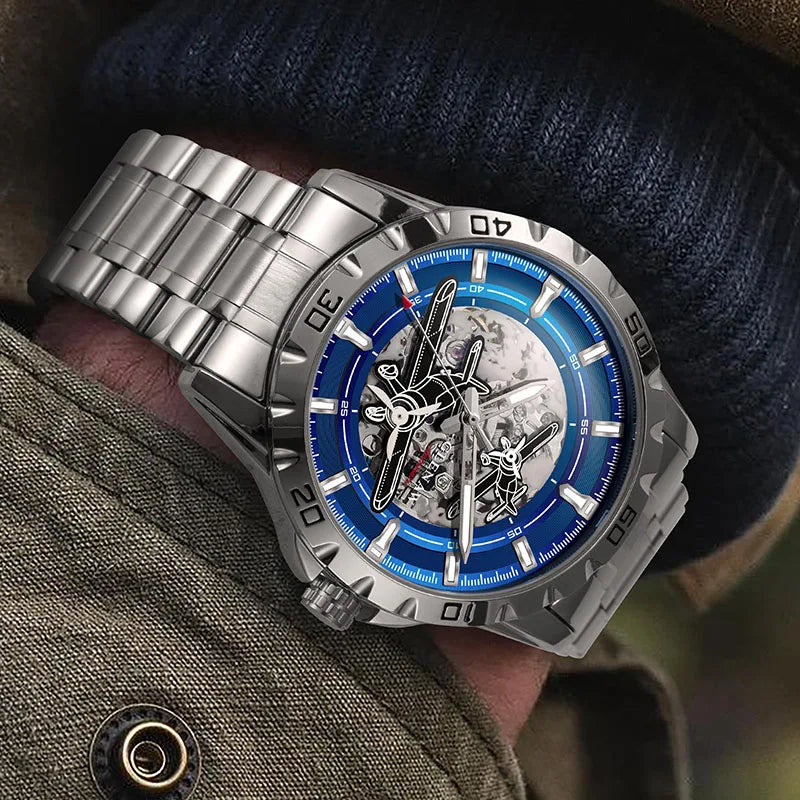 GLENAW New Pilot Series Men Watches Hollow Luxury Automatic Mechanical Watches Luminous waterproof Stainless Steel Strap Watch