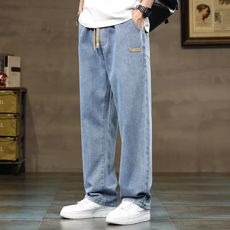 Branded Men's Baggy Jeans Classic Drawstring Loose Casual Straight Pants College Students Daily Versatile Blue Pants