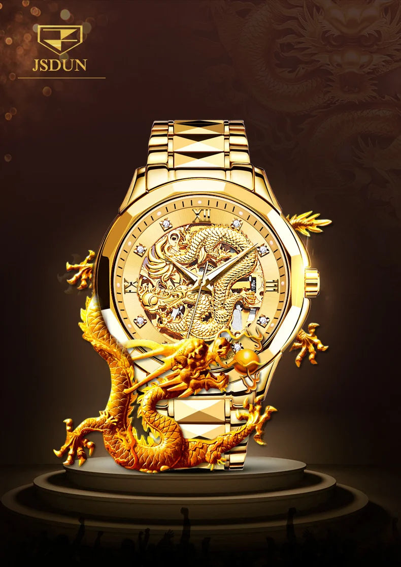 JSDUN Gold 3D Dragon Dial Watch For Men Luxury Brand Automatic Mechanical Watch Stainless Steel Strap Hollow-carved Reloj Hombre