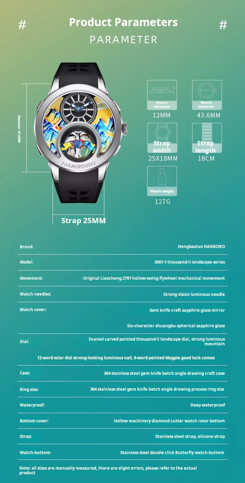 HANBOROThousand Miles Series Oil Painting Personalized Dial Magpie Skeleton Balance Wheel Design Men's Automatic MechanicalWatch