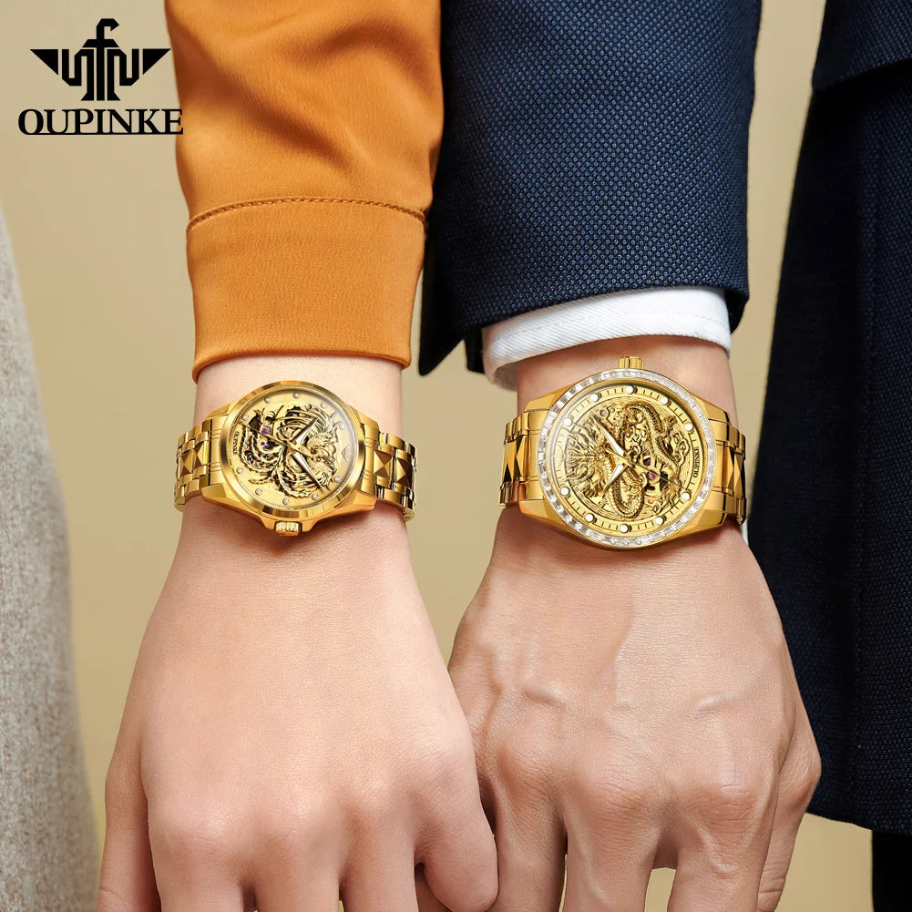 OUPINKE High End Gold Dragon Watch for Men Women Tungsten steel Automatic Mechanical Couple Watches Luxury Couple Wristwatches