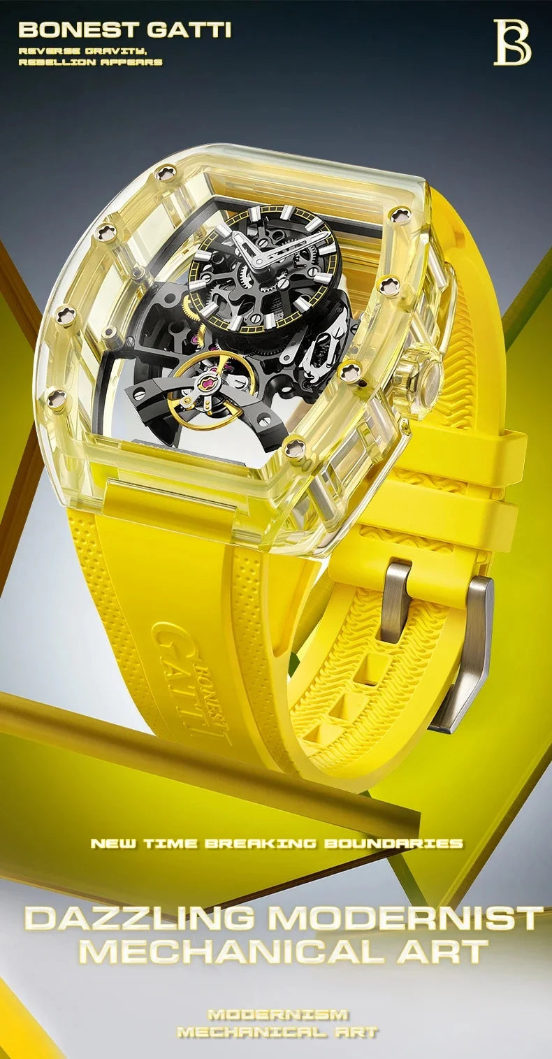 BONEST GATTI 2025 New Men Automatic Watch Tonneau Mechanical Wristwatch Acylic Case Sapphire Lume Hollow Out Dial Fluororubber