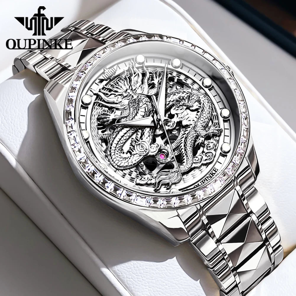 OUPINKE Men's Watches Top Brand Luxury Gold Tungsten Steel Original Automatic Mechanical Wristwatch Featured Dragon Pattern Dial