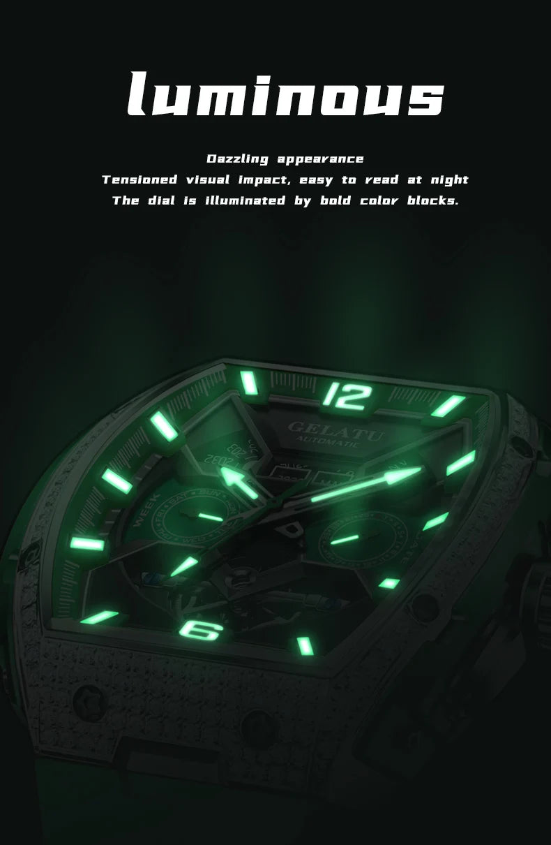 GELATU 6016 High-end Full Diamond Automatic Mechanical Watch for Men Multifunction Hollow Silicone Strap Men's Wristwatches