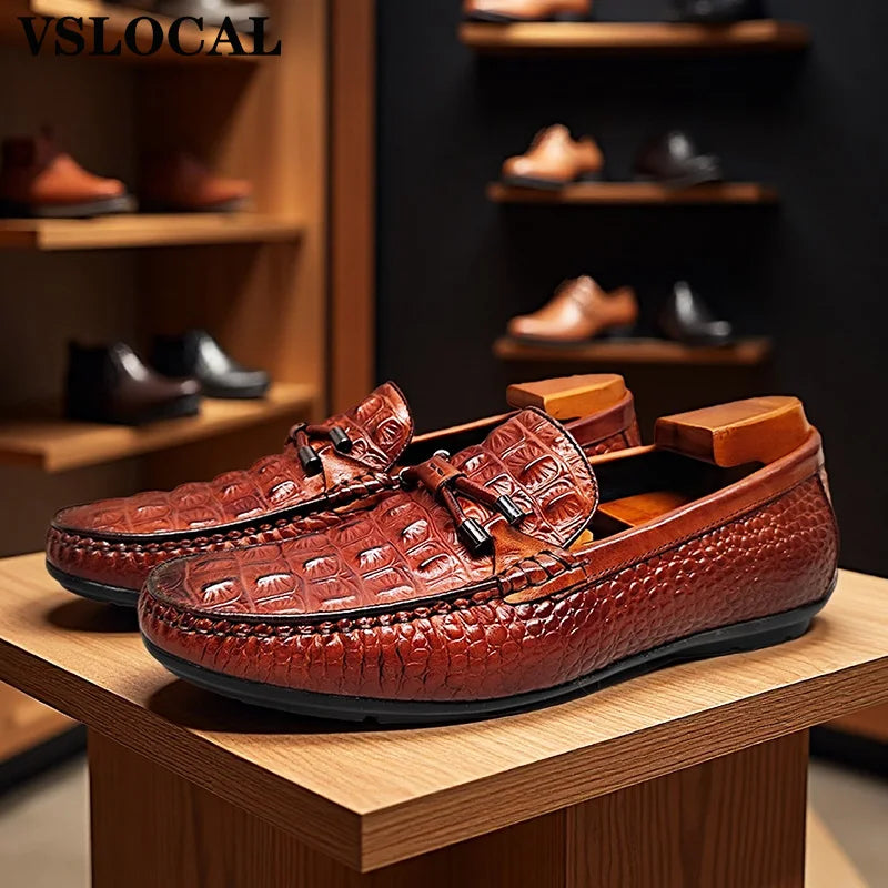 Luxury Men Shoes Black Brown Slip On Croco Prints Casual Dress Shoes Man Wedding Office Business Leather Loafers For Man