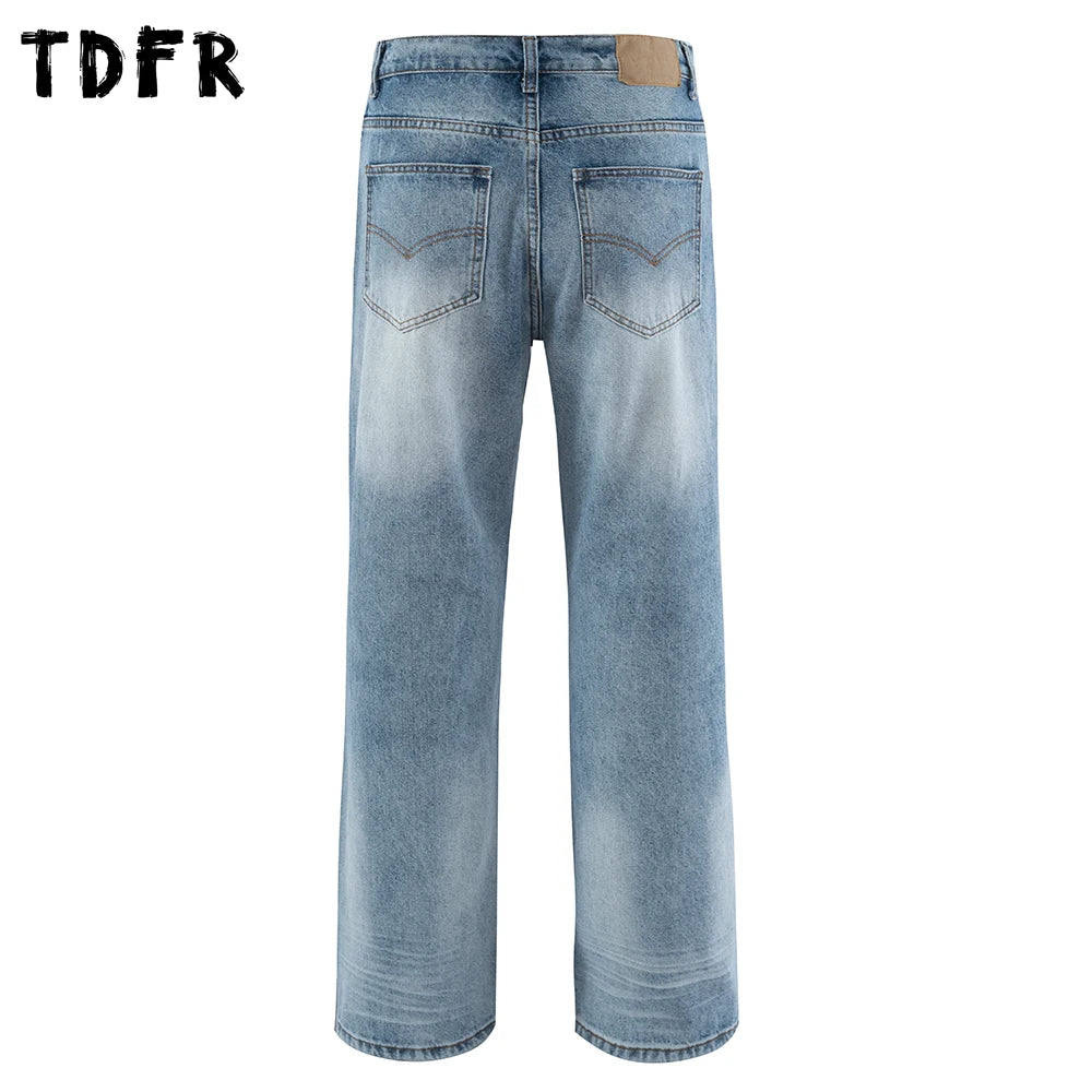 Ripped Denim Pants Mens Washed Distressed Retro Streetwear Baggy Straight Wide Leg Jeans Men