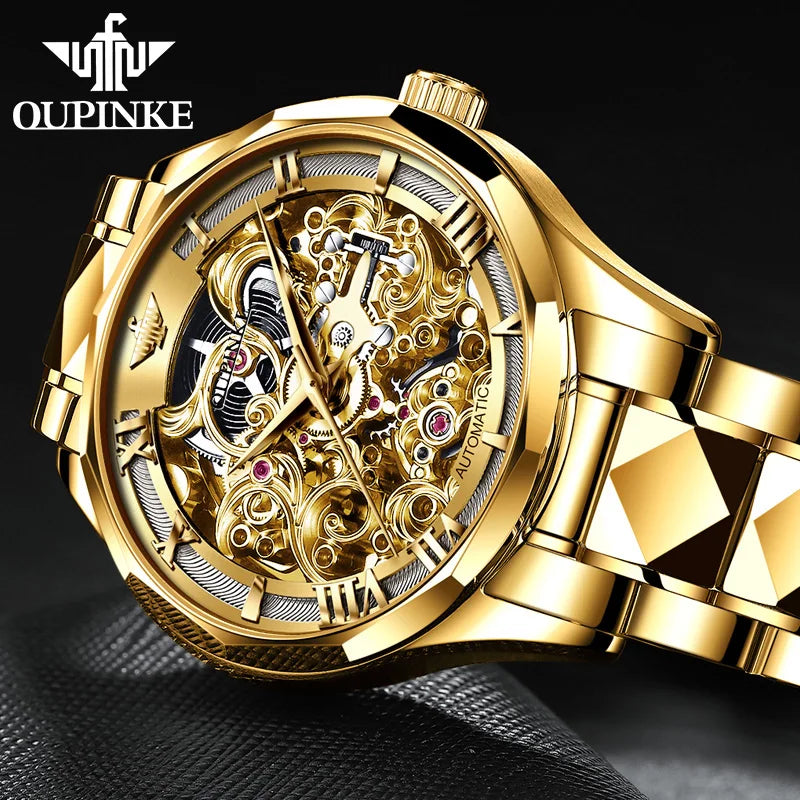 OUPINKE Tungsten Steel Strip Men's Watches Fully Transparent Dial Automatic Mechanical Watch Waterproof Sapphire Mirror Surface