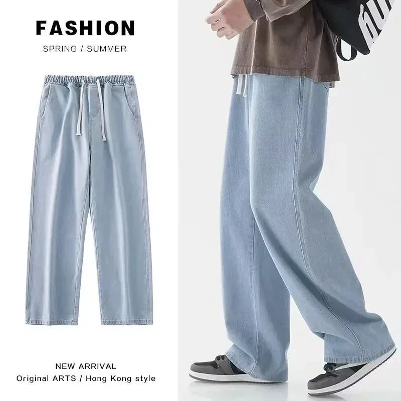 Blue Washed Denim Jeans for Men Straight Loose Fit Wide Leg American Style High Street Casual Pants Trendy Simple