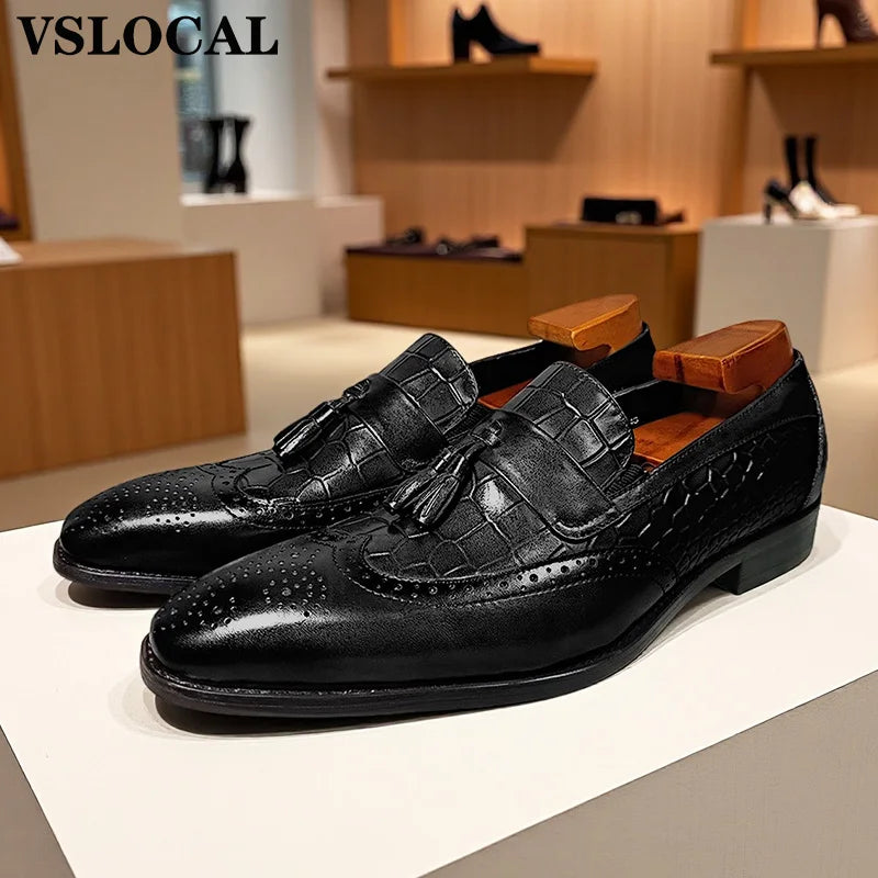 Italian Mens Shoes Blue Black Burgundy Wing Tip Casual Men Dress Shoes Loafers with tassels Leather Slip on Loafers Man