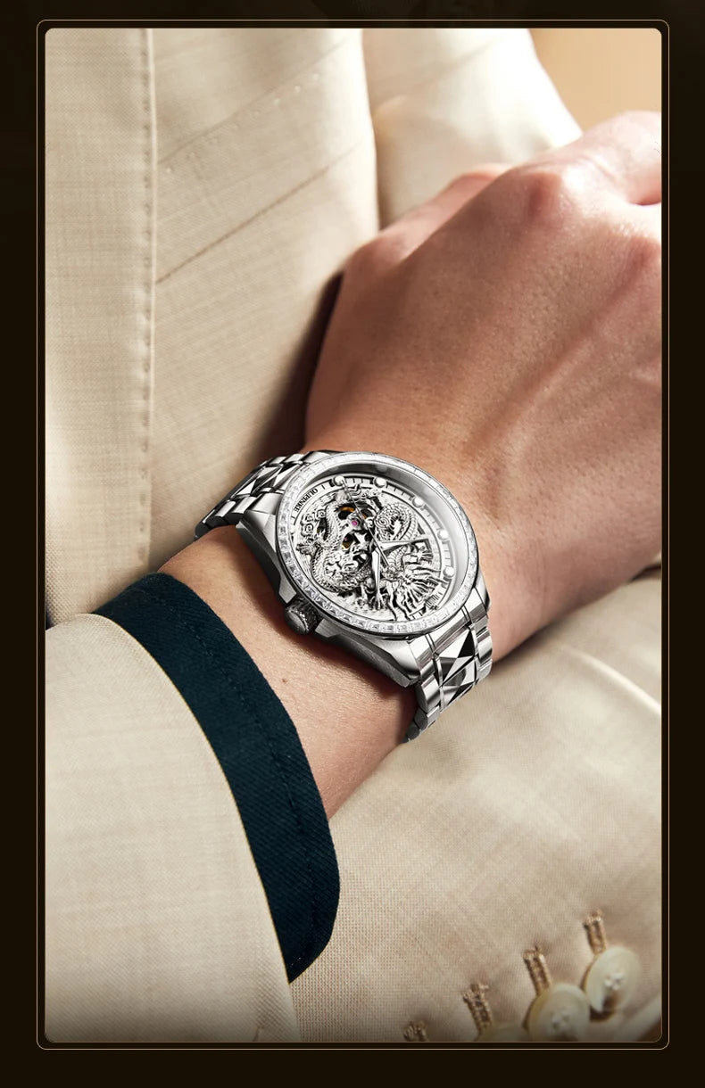  OUPINKE 3276 Mens Watch Original luxury Brand Automatic Mechanical Watch Dragon Dial Watch For Men Moon Phase Watch Mens Gift