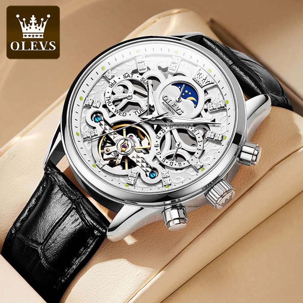 OLEVS 6658 Automatic Watches for Men Leather Strap Moon Phase Men's Hollow Mechanical Wristwatch Waterproof Calendar Hand Clock
