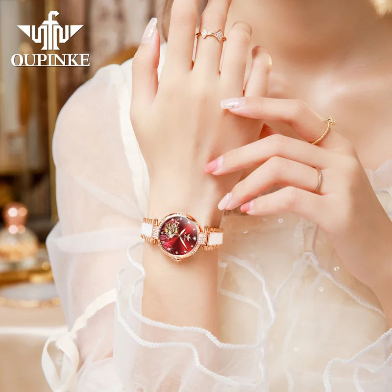 OUPINKE 3211 Women's Watch Elegant Rose Gold Diamond Ceramic Automatic Machinery Women's Watch Luxury Brand Women's Bracelet Set
