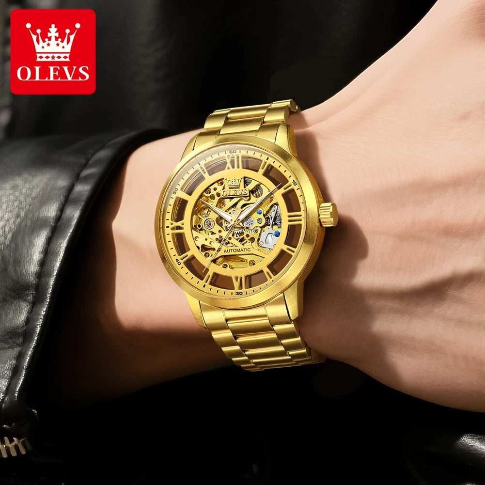 OLEVS Men Gold watch Skeleton Luxury Watch automatic mechanical Classic Wristwatches For Men Waterproof High Quality 6728