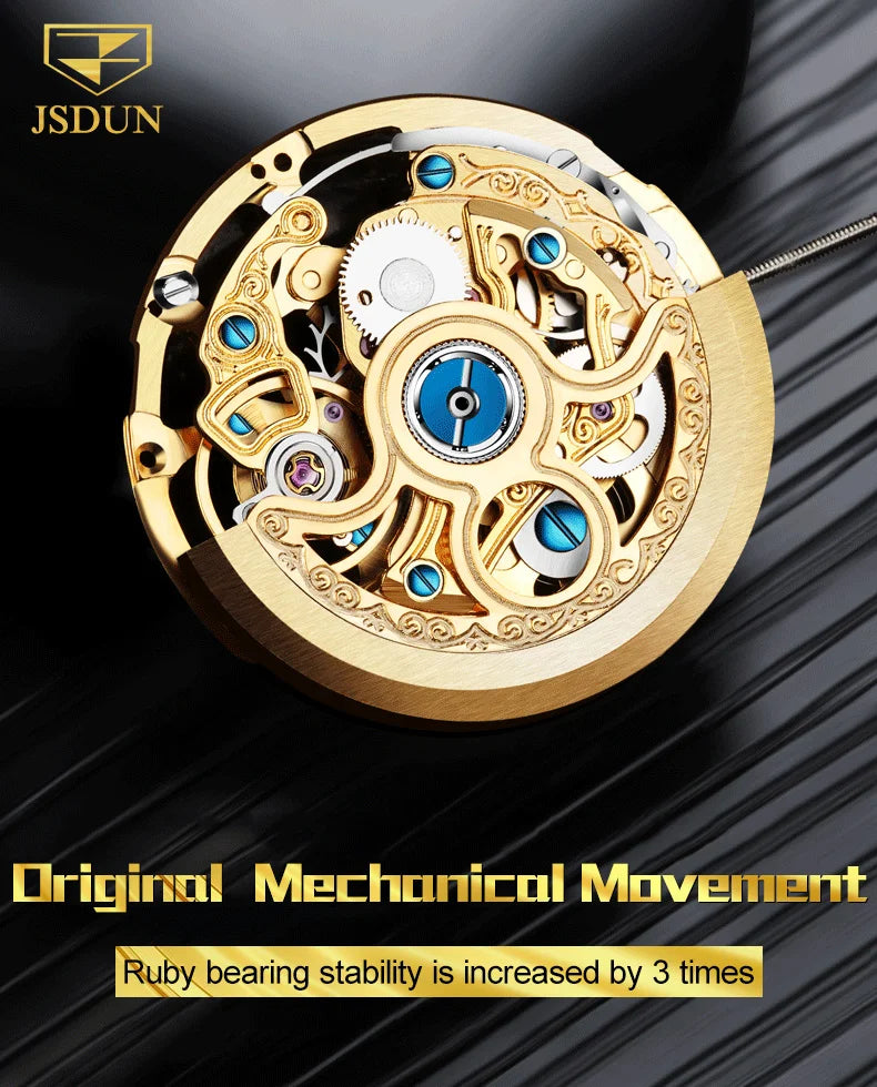 JSDUN Gold 3D Dragon Dial Watch For Men Luxury Brand Automatic Mechanical Watch Stainless Steel Strap Hollow-carved Reloj Hombre
