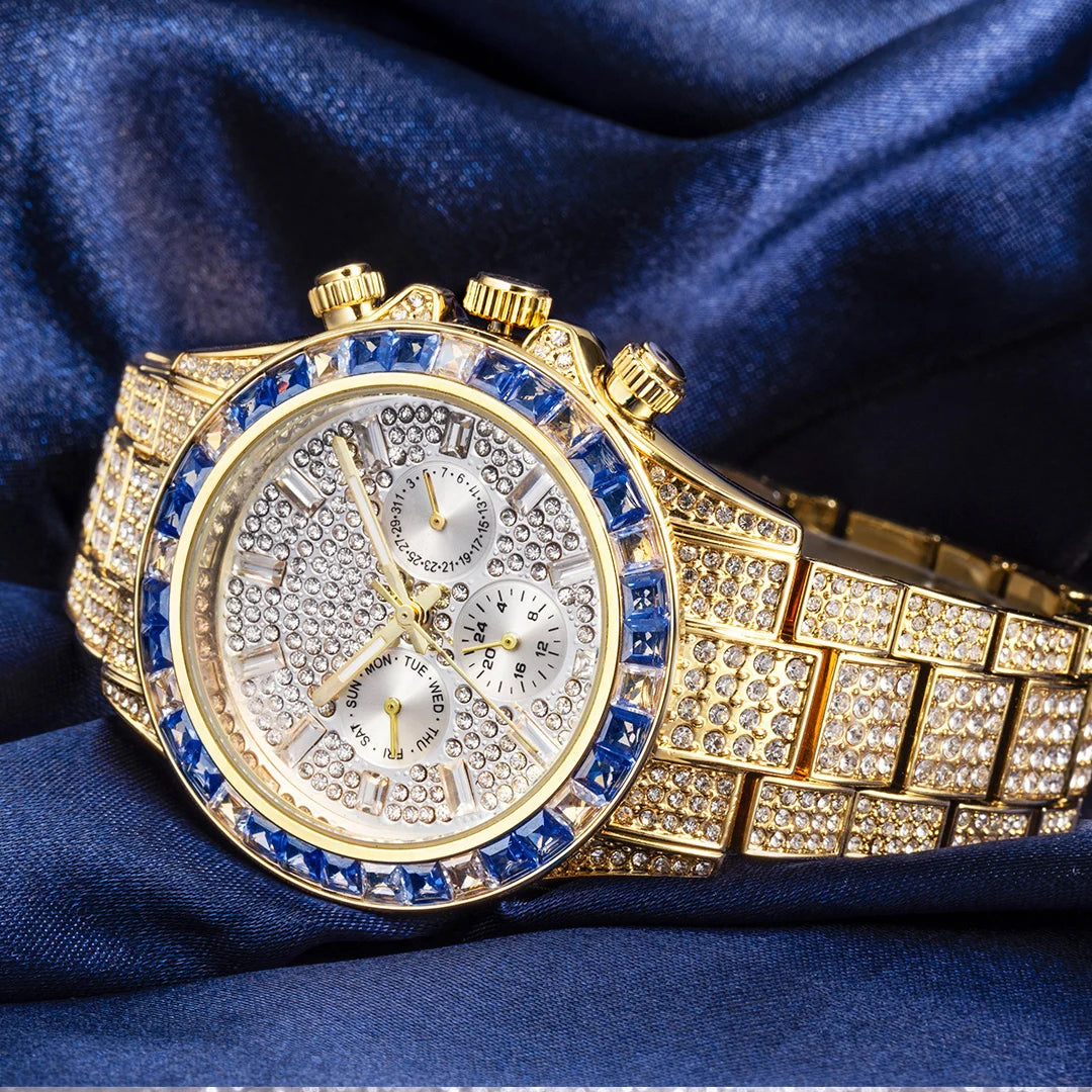 MISSFOX Blingbling Wristwatch For Men Luxury Colour Diamond Calendar Quartz Watch Hip Hop Fashion Waterproof Man Clock Hot Sale