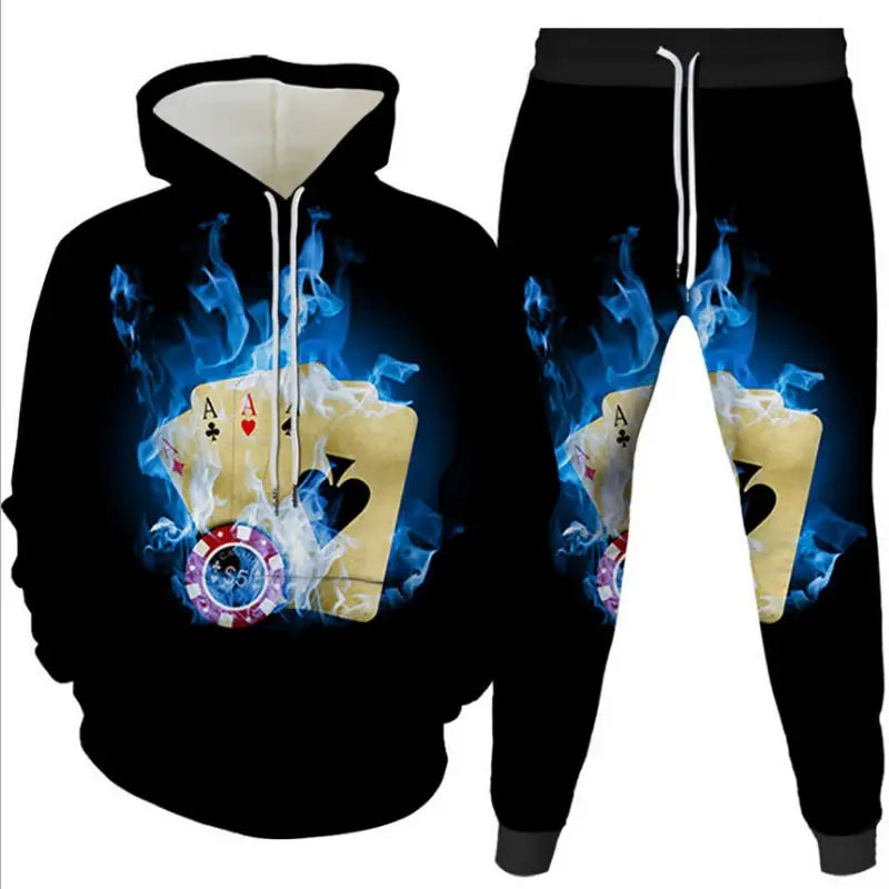 Men's Poker&Money 3D Print Tracksuit Set Fashion Casual Luck Hoodie+Pants 2pcs Sets Pullover Trend Streetwear Man/women Clothing