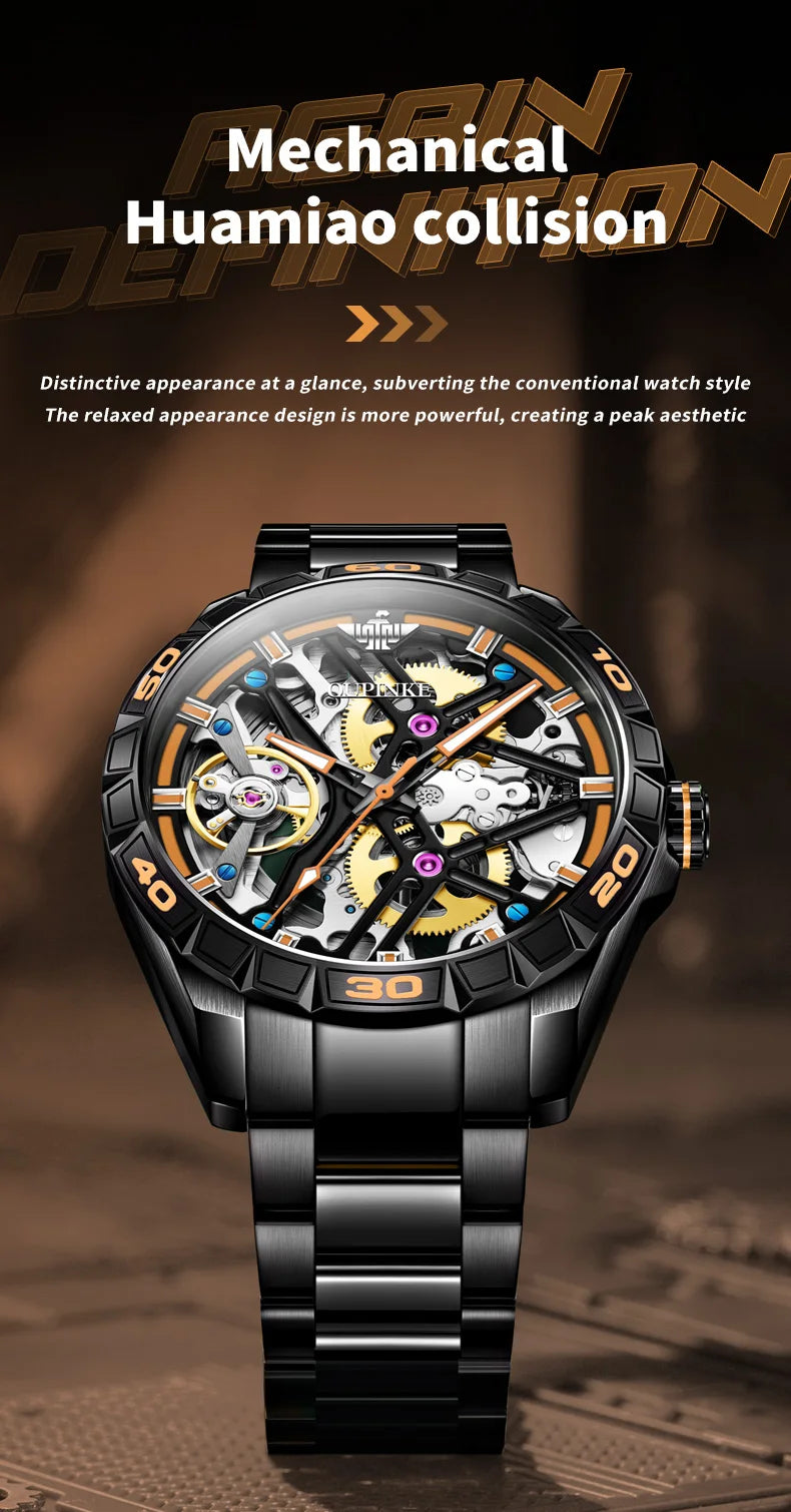 OUPINKE 3196 Luxury Business High Quality Mens Watch Skeleton Automatic Mechanical Watch 50M Waterproof Luminous Sports Watches