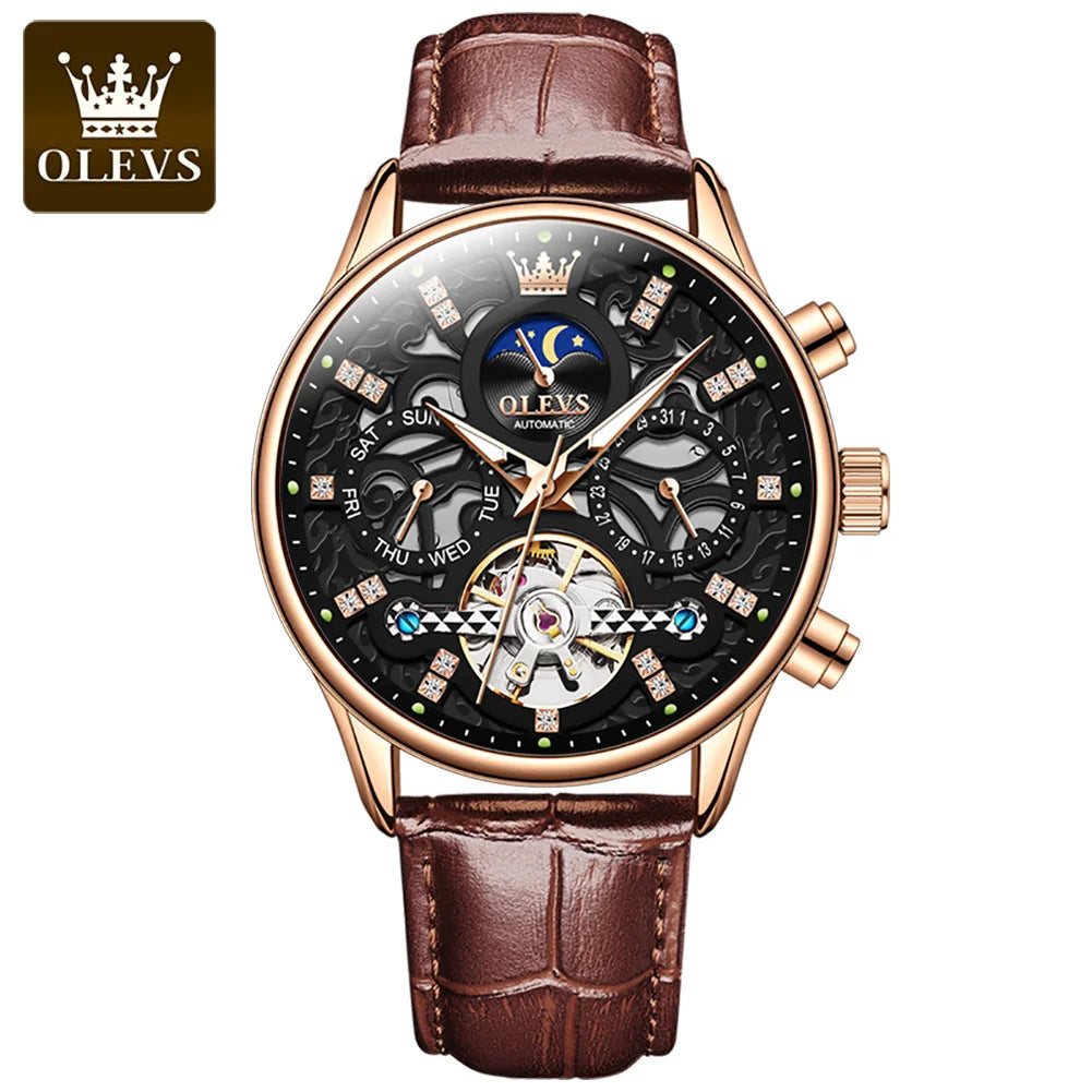 OLEVS 6658 Automatic Watches for Men Leather Strap Moon Phase Men's Hollow Mechanical Wristwatch Waterproof Calendar Hand Clock