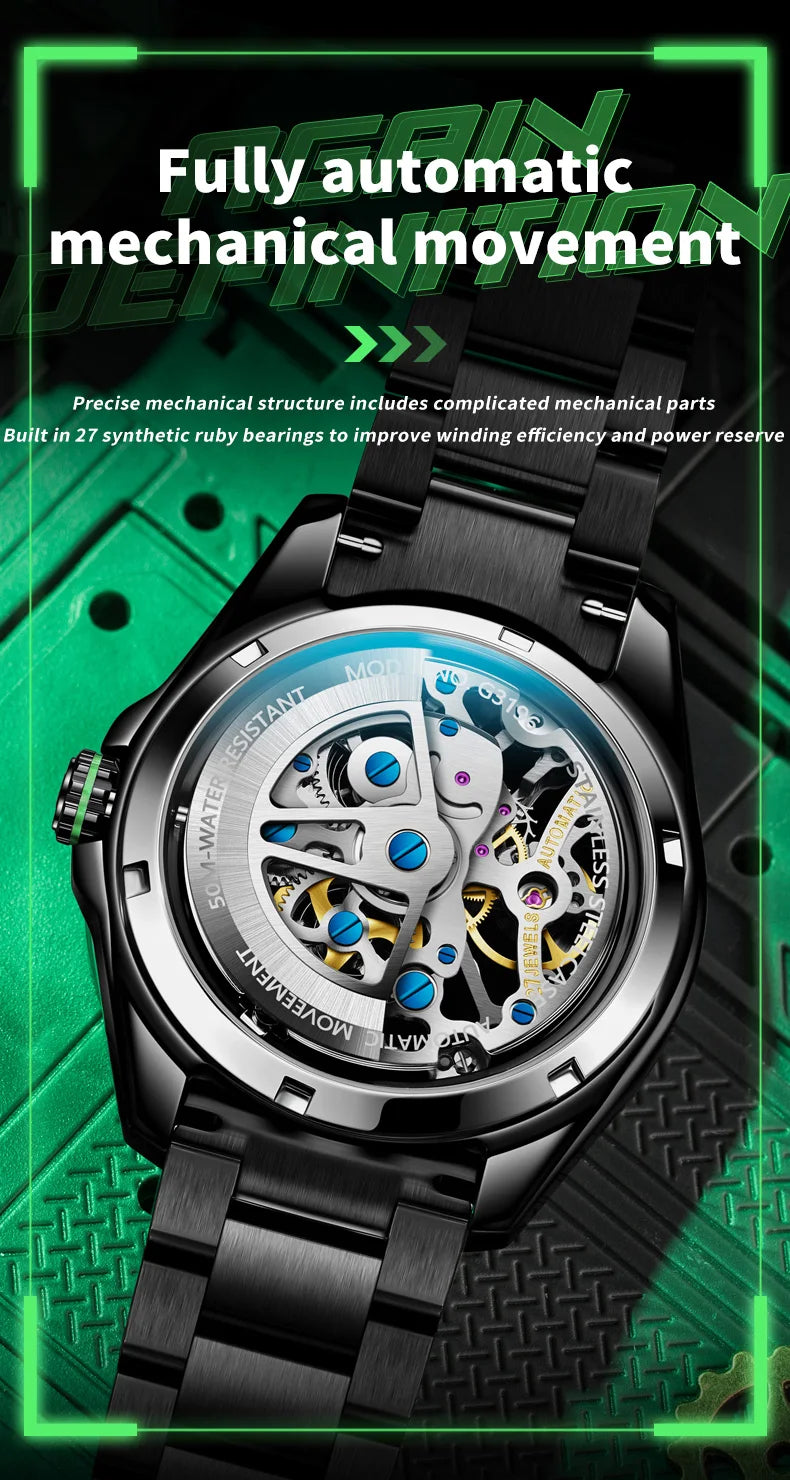 OUPINKE 3196 Fully Automatic Mechanical Watch Men Stainless steel Waterproof Green Night Light High-end Wristwatch Man