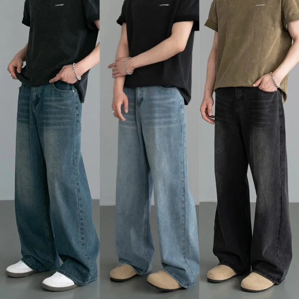 Men's New Denim Pants Old Blue Black Washed Spring Autumn Male Jeans Straight Casual Menwear Loose Wide Leg Trousers New Fashion