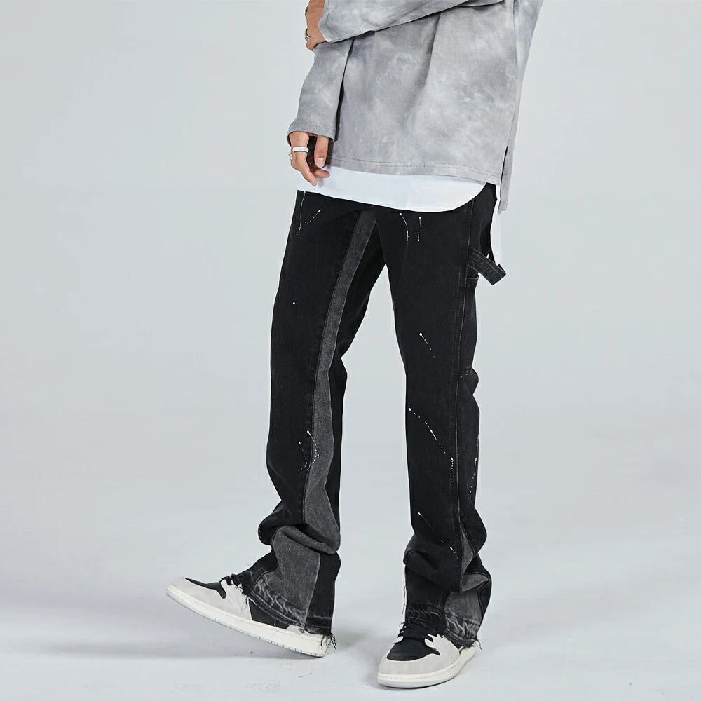Vintage Mens Flared Leg Jeans Denim Hip Hop Splashing Ink Wide Leg Jean Pants Black Fashionable Retro Streetwear Baggy Jeans Y2k