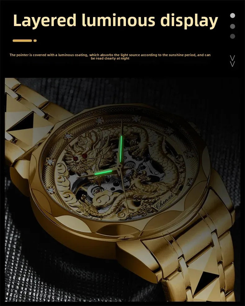 Men's Automatic Mechanical Watch Night Glow Waterproof Relief New Fashion Business Leather Steel Band Luxury Timepiece
