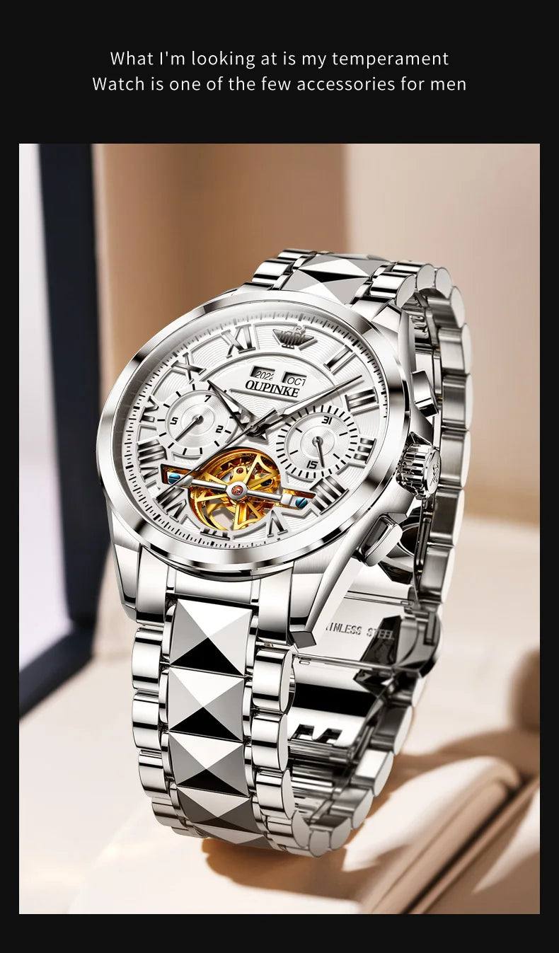 OUPINKE 3236 Men Watch Hollow Skeleton Date Luxury Mechanical Watch For Men Deep Waterproof Roman Scale Male Business Wristwatch