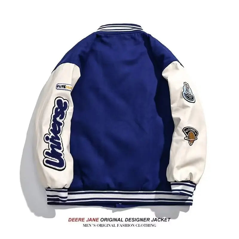 2025 New Vintage Baseball Jacket Men Women Couple Klein Blue PU Sleeves Baseball Bomber Jacket Men's Outwear Fashion Coat Man