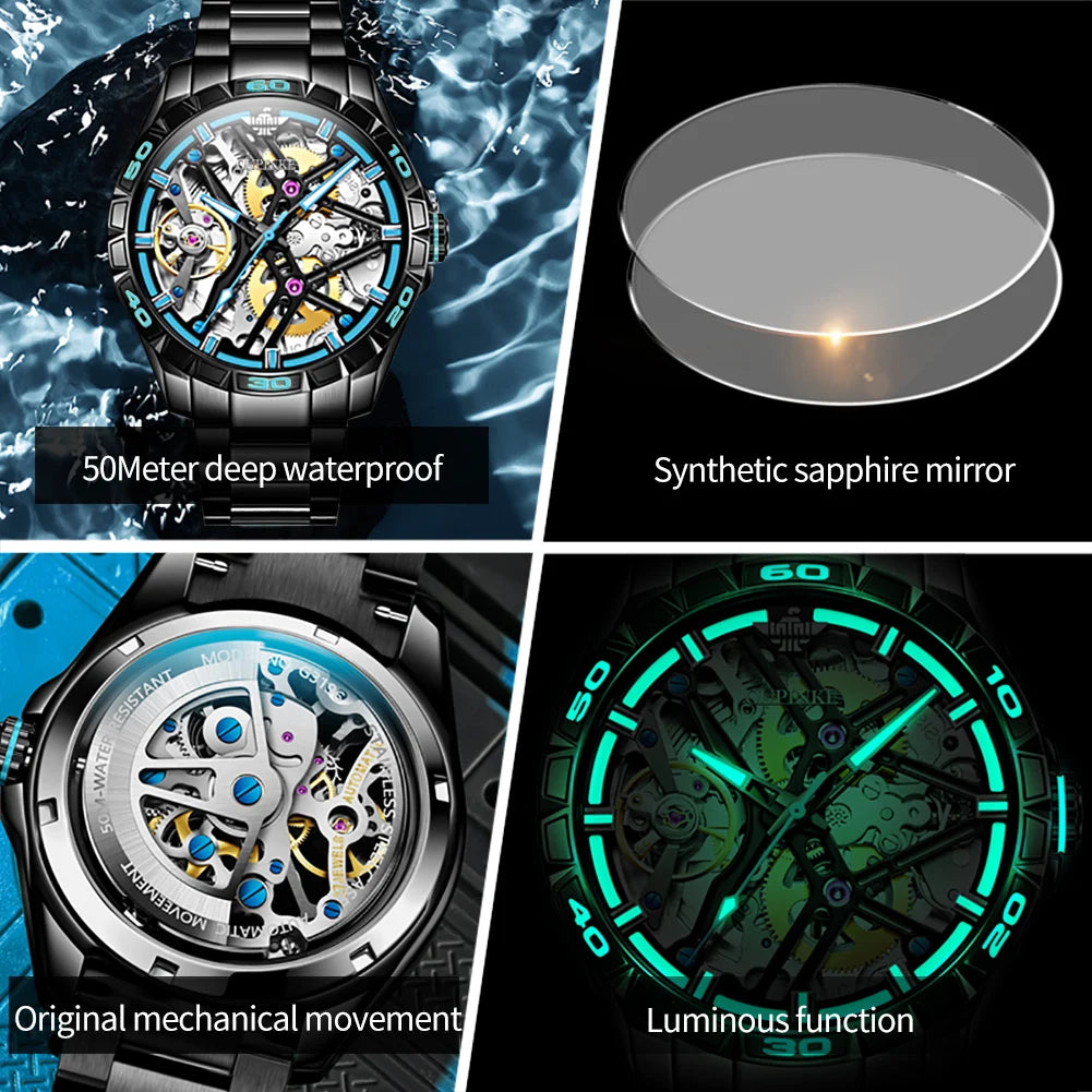 OUPINKE 3196 Luxury Business High Quality Mens Watch Skeleton Automatic Mechanical Watch 50M Waterproof Luminous Sports Watches