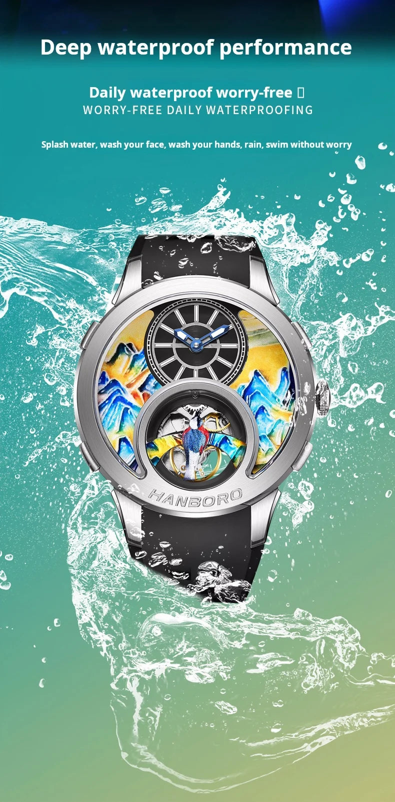 HANBOROThousand Miles Series Oil Painting Personalized Dial Magpie Skeleton Balance Wheel Design Men's Automatic MechanicalWatch