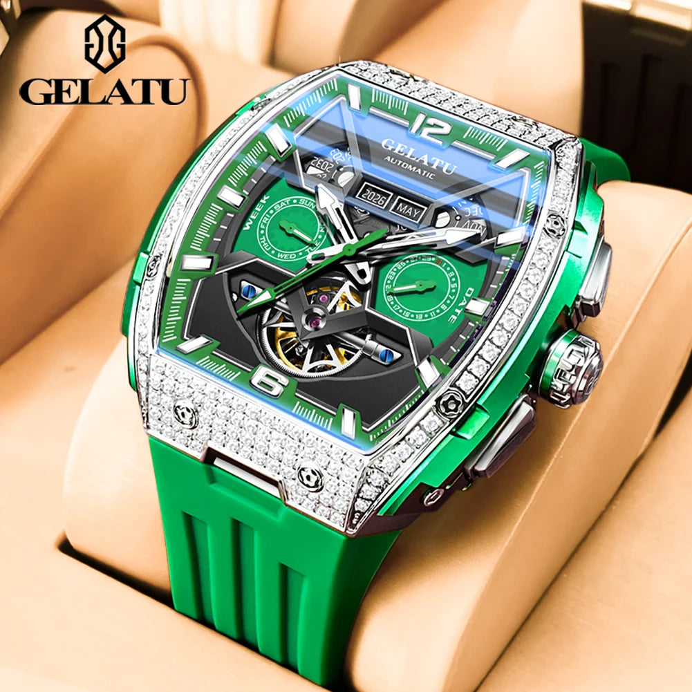 GELATU 6016 Skeleton Flywheel Automatic Men Watch Original Waterproof Silicone Strap Luxury Brand Diamond Men Mechanical Watch