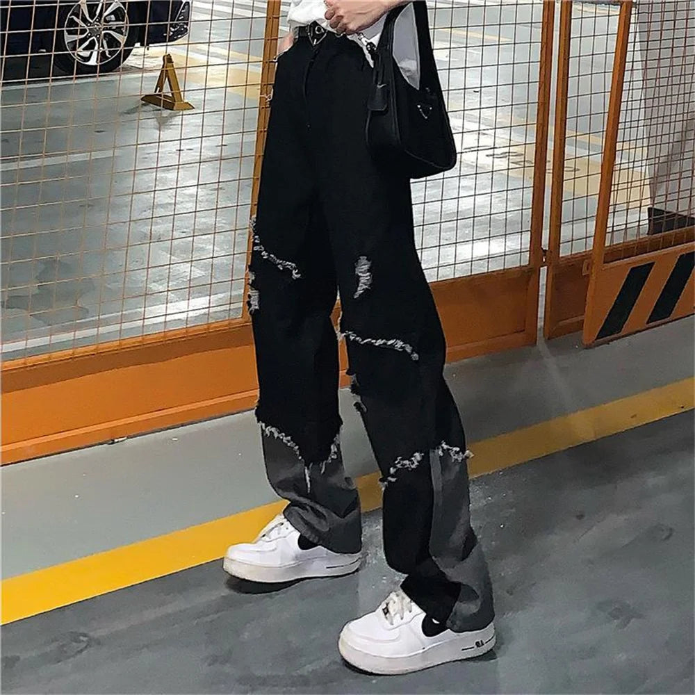 Baggy Ripped Jeans for Men Loose Denim Trousers Male Black Jeans Men Hip Hop Patchwork Jeans Korean Streetwear Spliced clothing