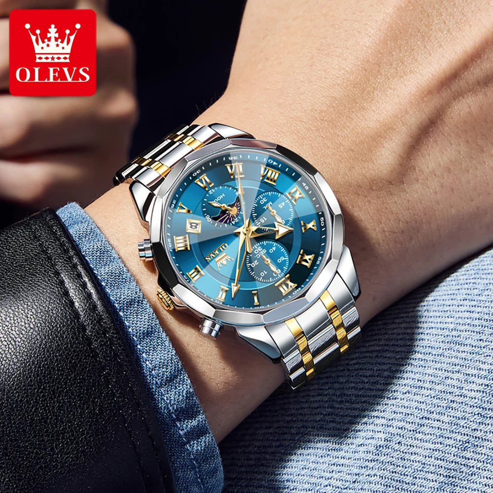 OLEVS 3675 Men's Multifunctional Chronograph Quartz Watch Waterproof Moon Phase Display Fashionable Gift for Men