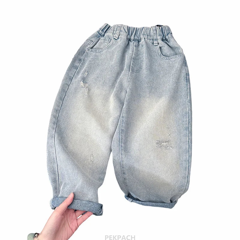 New Fashion Baby Baggy Ripped Jeans For Boys Casual Cartoon Print Denim Pants Kids Child Destroyed Jeans Trousers Age 2 To 9 Y
