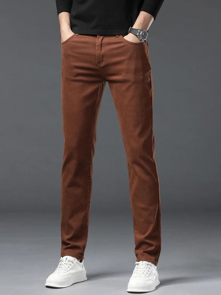 Men's Pink Jeans Spring Summer New Comfortable Elastic Fitted Straight Denim Trousers Fashion Korean Male Casual Pants