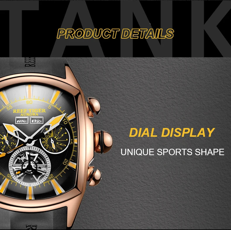 Reef Tiger 316L Stainless Steel Wine Barrel Automatic Watch Fashion Mulitfunction Tourbillon Mechanical Watches for Men RGA3069