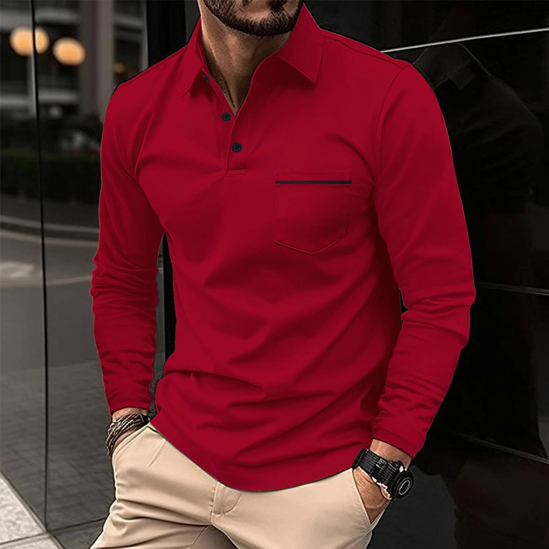 New men's casual long-sleeved polo shirt - solid-colored lapel polo shirt, stylish, breathable, comfortable and versatile top.