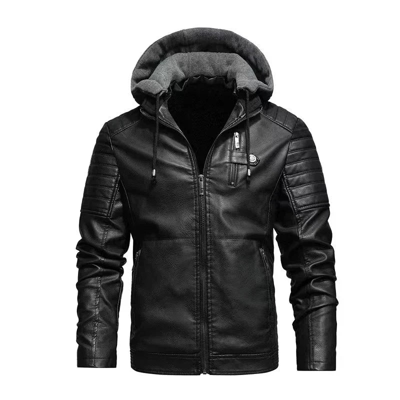 Faux Leather Jacket Men Fashion Men's Hooded Jackets Autumn Winter Military Style Outwear Zipper Pockets Coat Detachable Hat